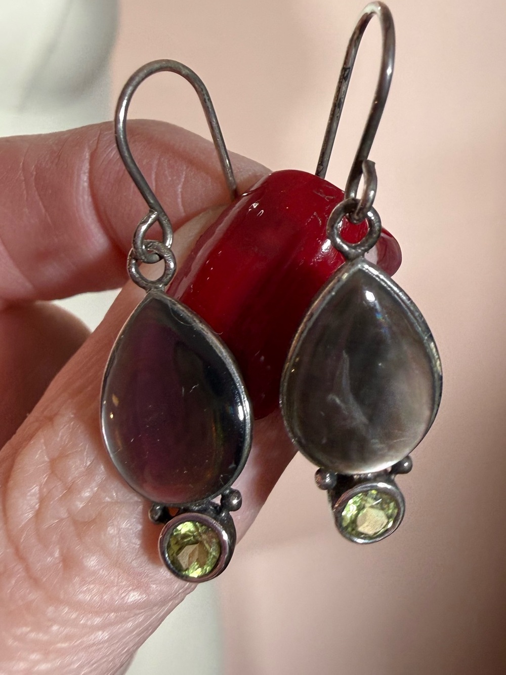 Sterling silver Abalone shell tear drop green Peridot Dangle Minimalist earrings